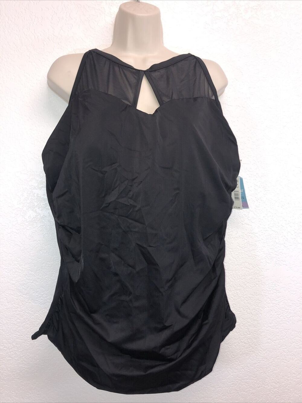 NWT  SWIM SOLUTIONS Black Tummy Control Flowing Swim TOP only 24W Sexy Mesh
